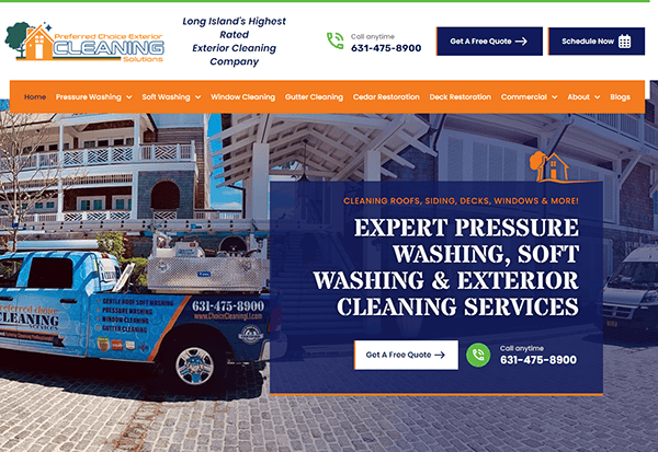 Website homepage of a cleaning company featuring a branded truck and a list of services such as pressure washing, soft washing, and exterior cleaning. Contact info and an option to schedule services are available.