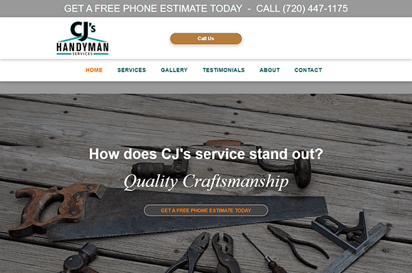 Screenshot of a handyman service website. The header contains contact information and a button for a free phone estimate. The main content highlights "Quality Craftsmanship" with images of hand tools.