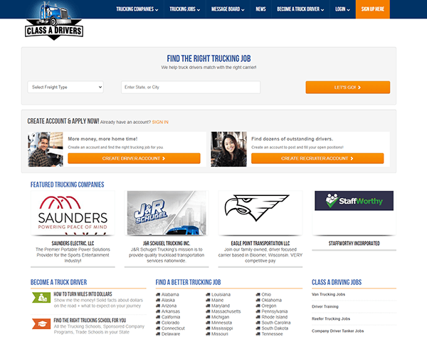 Screenshot of a job search website for truck drivers. It features a search form, account creation options, and displays job listings, company information, and additional resources for drivers.