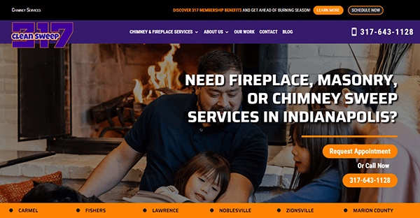 A person sits with two children in front of a lit fireplace. Text overlay: "Need Fireplace, Masonry, or Chimney Sweep Services in Indianapolis?" Contact information and service areas are listed.