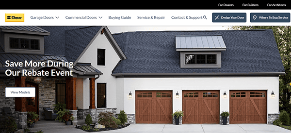 Front view of a modern house with the best garage door and a three-car setup. A banner says, "Save More During Our Rebate Event." Buttons for viewing models and other options are on the webpage header. Explore top designs on leading garage door websites to enhance your home’s appeal.