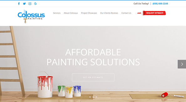 Website homepage of Colossus Painting displaying an image of paint cans and brushes on a wooden floor with the text "AFFORDABLE PAINTING SOLUTIONS." Navigation menu and contact information are visible.