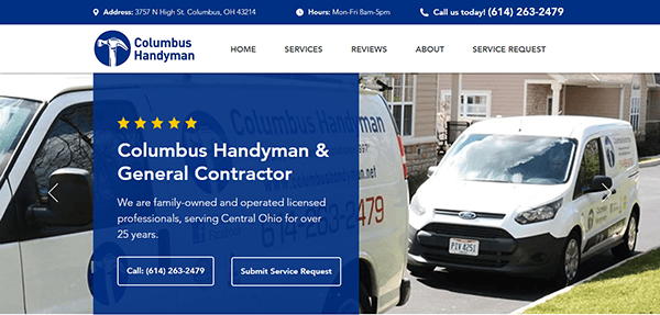 Screenshot of the Columbus Handyman website showing contact info, services, reviews, and vehicles with the company logo. The text highlights the company being family-owned, operated for over 25 years.