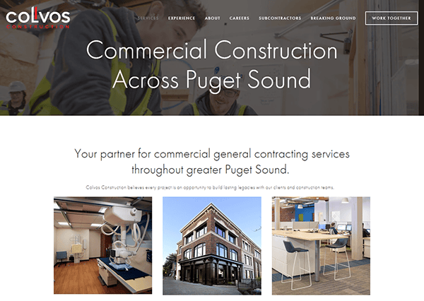 Commercial Construction Across Puget Sound. Partner for general contracting services in Puget Sound with images of construction workers, a modern building, and an office space.