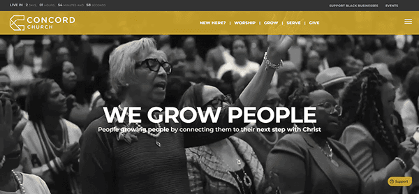 A black-and-white image shows a congregation at Concord Church. The text reads: "WE GROW PEOPLE. People growing people by connecting them to their next step with Christ.