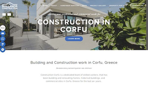 A webpage for Bollanos Construction advertising construction services in Corfu, Greece. The page includes a header image of a modern building, contact options, and a description of their expertise.