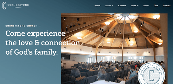 A church website homepage with a photo of the sanctuary filled with people. Text reads, "Come experience the love & connection of God's family." The navigation menu includes Home, About, Connect, Grow, Serve, Give, Contact.