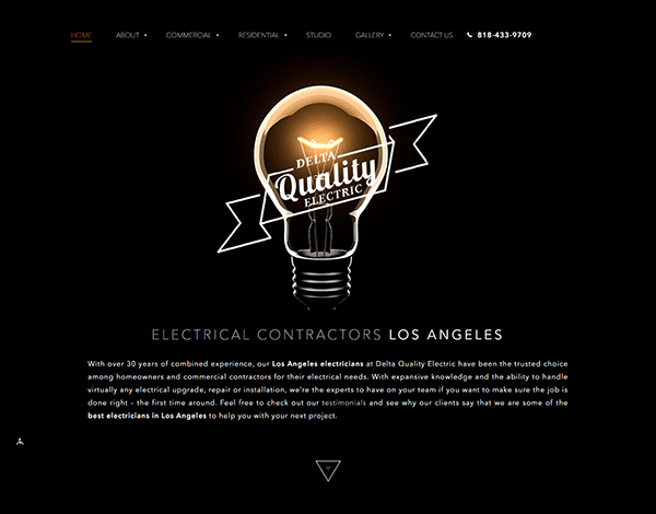 An image of a light bulb with "Delta Quality Electric" inside. Text below reads "Electrical Contractors Los Angeles" followed by a paragraph describing their services and expertise in electrical work.