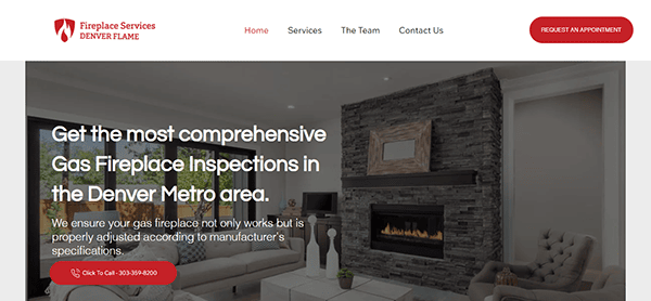 Screenshot of the Denver Flame Fireplace Services homepage, highlighting their gas fireplace inspection services. The webpage features navigation options, a contact button, and an image of a modern living room with a fireplace.