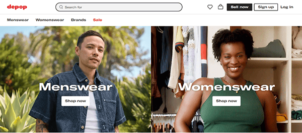 Split screen of two people under "Menswear" and "Womenswear" banners, promoting clothing options on a fashion retail website. Both have "Shop now" buttons.