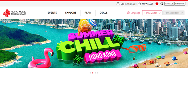 Screenshot of the Hong Kong Tourism Board website showing a colorful "Summer Chill Hong Kong" banner with scenic views of urban skyscrapers and a beach with inflatable pool floats.