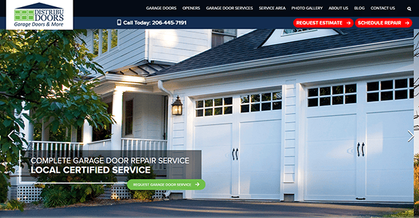 Front view of a house with white garage doors, surrounded by greenery. Text reads "Complete Garage Door Repair Service, Local Certified Service." Showcasing the best garage door design, contact details and navigation menu are visible.