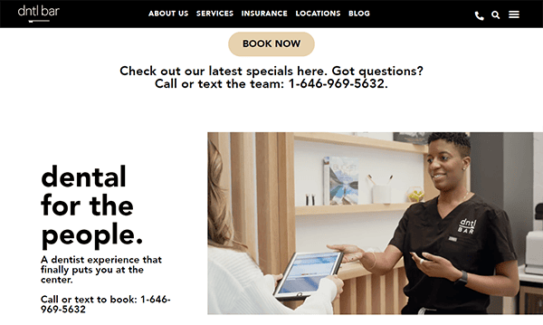 A dentist in scrubs stands at a reception desk talking to a person across from them. The text advertises dental services with a contact number for inquiries and bookings.