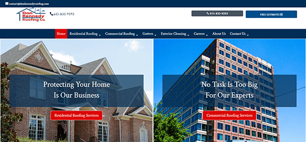 Website screenshot showing Don Kennedy Roofing Co. services, including residential and commercial roofing. Two images show a house on the left and a commercial building on the right with service descriptions.