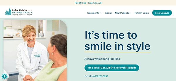 A smiling orthodontist in a white coat talks to a patient. The text "It's time to smile in style" is visible, along with contact information and a button for a free initial consult without a referral.