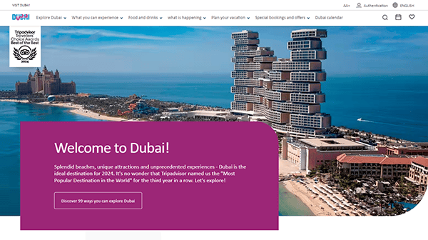 Aerial view of Dubai skyscrapers and coastline. Banner reads, "Welcome to Dubai!" with text about Dubai's attractions and its recognition as a top travel destination.