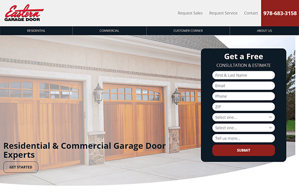 Explore the Eastern Garage Door homepage, where the best garage doors enhance your home's aesthetic. Discover elegant wooden designs and easily request a consultation and estimate through our intuitive contact form, making it one of the finest garage door websites available.