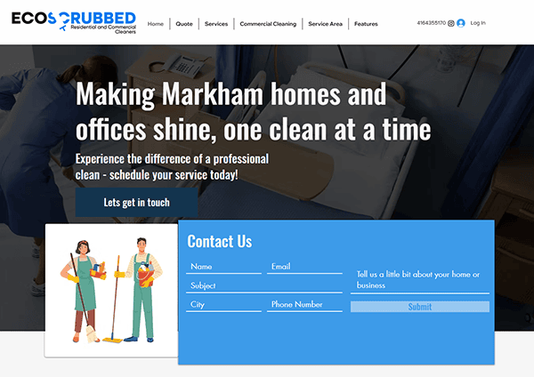 Welcome to Eco Scrubbed, where we make Markham homes and offices shine, one clean at a time. Explore our top-rated website for seamless navigation featuring services like gutter cleaning. Reach out via our contact form or enjoy our illustration of two people dedicated to pristine spaces.