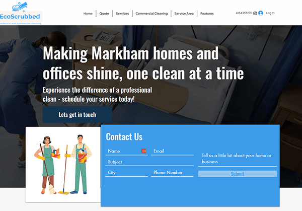 A cleaning service website themed in blue and white, with a contact form and an image of cleaners. Header text reads: "Making Markham homes and offices shine, one clean at a time.