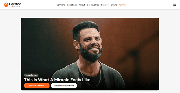 A man with a beard and short hair is shown in front of a blurred background. Text reads, "Elevation Church - This Is What A Miracle Feels Like." Buttons below say "Watch Sermon" and "View More Sermons.