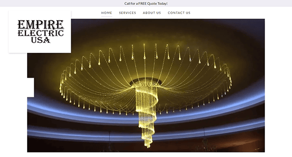 Website screenshot of Empire Electric USA featuring a large, ornate chandelier with spiral light design. The navigation menu includes Home, Services, About Us, and Contact Us links.