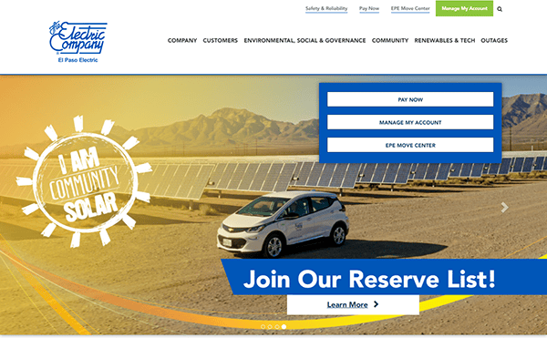 The homepage of an electric company showing a car parked in front of solar panels with a "Join Our Reserve List" banner and navigation menu at the top.