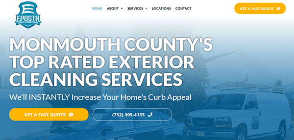 Website homepage for a cleaning service, featuring a company logo, navigation menu, and contact details. Headings highlight exterior cleaning services in Monmouth County with a call to get a fast quote.