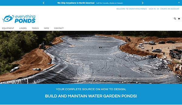 A large pond construction site with a liner being installed, featured on the homepage of Everything Ponds, a company specializing in designing and maintaining water garden ponds.