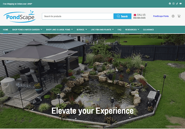 A backyard pond with rocks, plants, and a deck with a gazebo and patio furniture. PondScape logo and contact information are displayed at the top. The text "Elevate your Experience" is overlaid on the image.