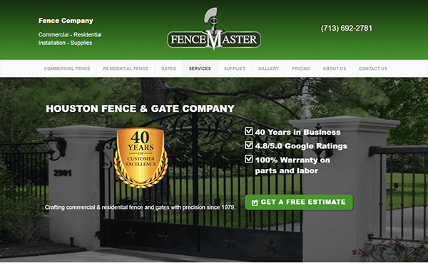 Screenshot of Fence Master's website showing services and contact details. It highlights 40 years in business, a 4.8/5.0 Google rating, 100% warranty on labor, and offers a free estimate option.