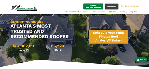 An aerial view of homes with a banner reading, "Atlanta's Most Trusted and Recommended Roofer," and statistics; 581,862,151 nails and 66,223 roofs. CTA button for a free roof analysis and contact options displayed.