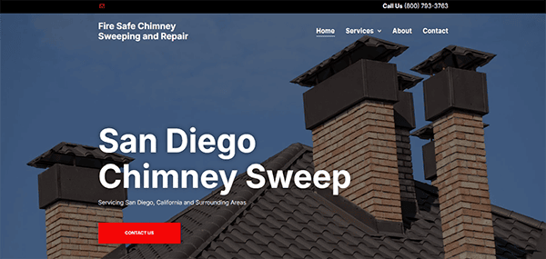 Website homepage of Fire Safe Chimney Sweeping and Repair, displaying brick chimneys on a roof and menu options: Home, Services, About, and Contact, with a call button and company phone number at the top.