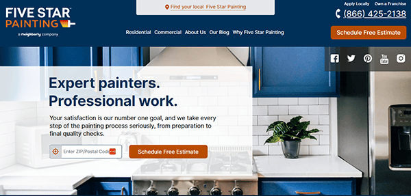 Website screenshot of Five Star Painting company. The header promotes residential and commercial painting services. There are buttons for scheduling a free estimate and entering a ZIP/postal code for services.