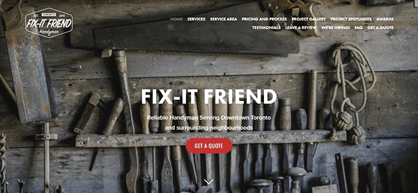 Tools hanging on a wooden wall with the text "Fix-It Friend: Reliable Handyman Serving Downtown Toronto" and a red "Get a Quote" button in the center.