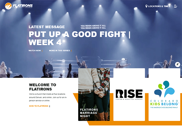 A church service with a band playing on stage and the text "Put Up a Good Fight | Week 4" in the foreground. Below are links for visitors, marriage night, foster care support, and child advocacy.