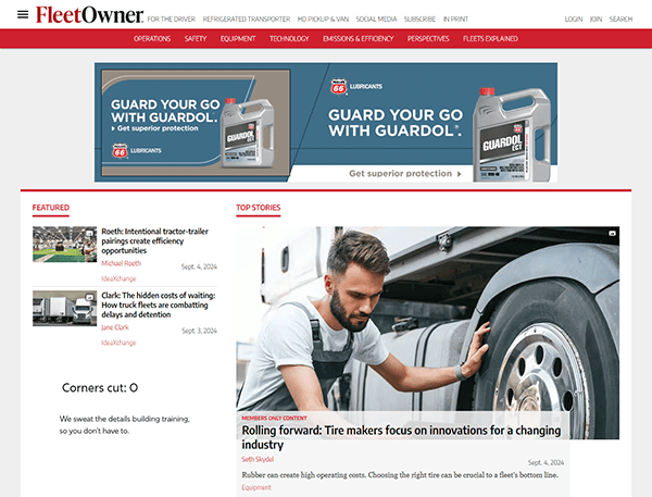 A man inspects a truck tire on the FleetOwner website homepage. The main headline reads "Rolling forward: Tire makers focus on innovations for a changing industry." Various other headlines are visible.