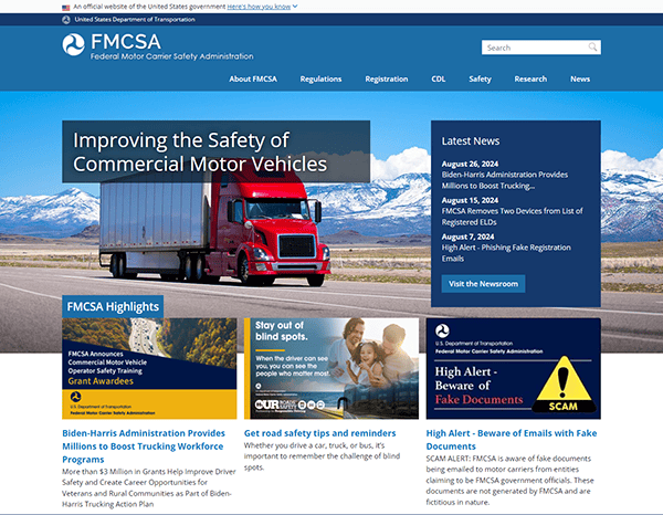 Screenshot of the Federal Motor Carrier Safety Administration (FMCSA) homepage featuring sections on improving commercial motor vehicle safety, news updates, highlights, and safety tips for drivers.