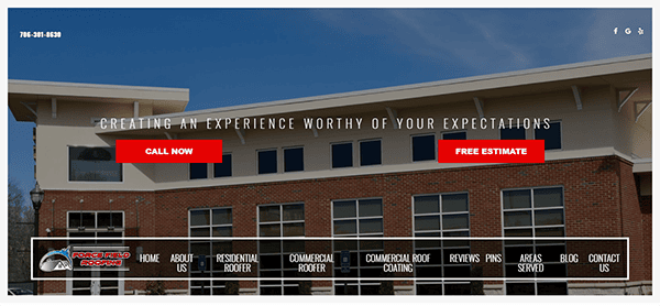 A roofing company website homepage featuring navigation links, a contact number, and buttons for calling and getting a free estimate. The background shows a modern building with large windows.