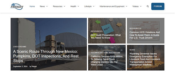 Screenshot of a webpage displaying various articles and resources related to trucking, including topics such as scenic routes, DOT audits, HOS violations, and wildfire impacts.