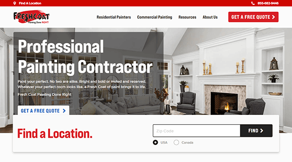 Screenshot of FreshCoat website homepage featuring a gray and white living room, text promoting professional painting services, and includes options to get a free quote and find a location.