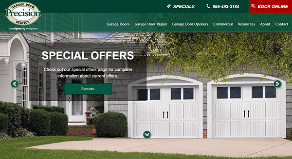 Discover our homepage, where exceptional garage door services meet special offers. Featuring an image of a house with two pristine white garage doors, we're your go-to for all garage door needs. Experience the difference with one of the best garage door services around!.