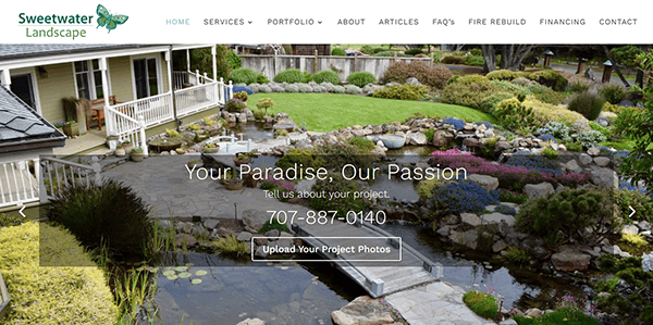 Landscape company homepage featuring a serene garden with a tranquil pond, lush plants, and a stone path. Showcasing "Your Paradise, Our Passion" alongside contact details. Discover why we're among the best pond websites.