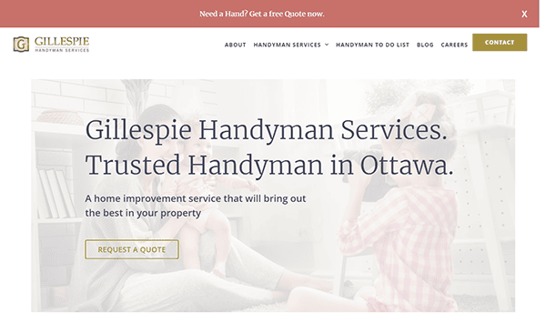 A website for Gillespie Handyman Services, offering trusted handyman services in Ottawa. Features a "Request a Quote" button and navigation menu for various pages.