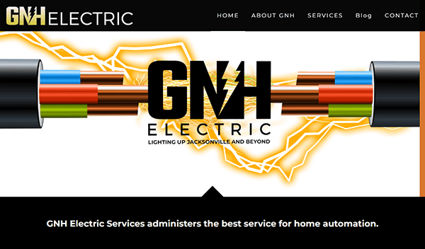 Website of GNH Electric featuring a logo with exposed wires and electric sparks, menu options, and a tagline "Lighting up Jacksonville and beyond." The site offers home automation services.