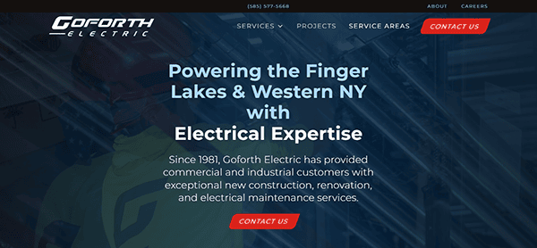 Website screenshot of Goforth Electric showcasing their electrical services in the Finger Lakes and Western NY regions. Text highlights their expertise since 1981 in construction, renovation, and maintenance.