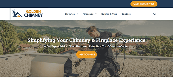 A man in work attire handles chimney equipment on a rooftop with the text: "Simplifying Your Chimney & Fireplace Experience" and "Get Quotes." Website sections: Chimney, Fireplace, Guides & Tips, Contact.