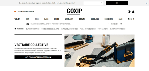 Screenshot of the Goxip website homepage featuring various product category links and an advertisement banner for Vestiaire Collective with a "Get Exclusive Promo Code Now!" button.