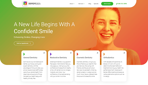 Website homepage showing a dental clinic, featuring a smiling person alongside text promoting general, restorative, cosmetic dentistry, and orthodontics. Buttons for booking appointments and contact details are visible.