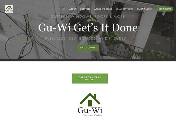 Website homepage for Gu-Wi, a gutters and windows service company, displaying their logo, tagline “Gu-Wi Get’s It Done," and options to get a quote and login as a client.