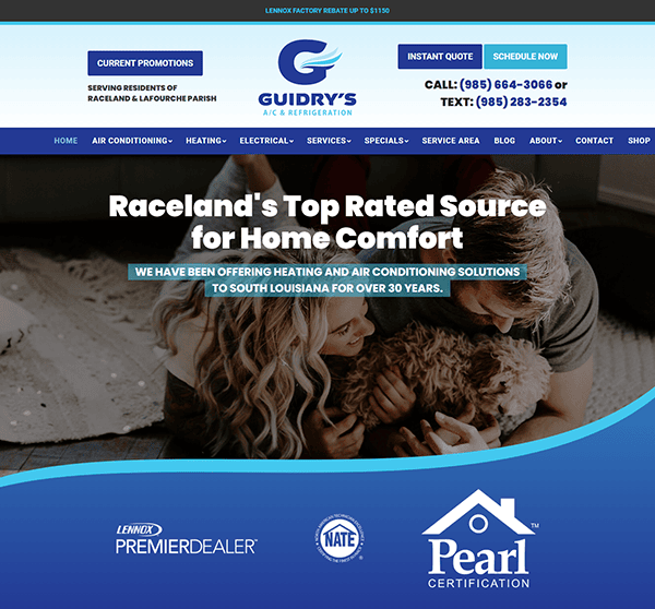 Screenshot of Guidry's A/C & Refrigeration website showing promotional details, their motto "Raceland's Top Rated Source for Home Comfort," and contact information. Logos for Lennox, NATE, and Pearl Certification are included.